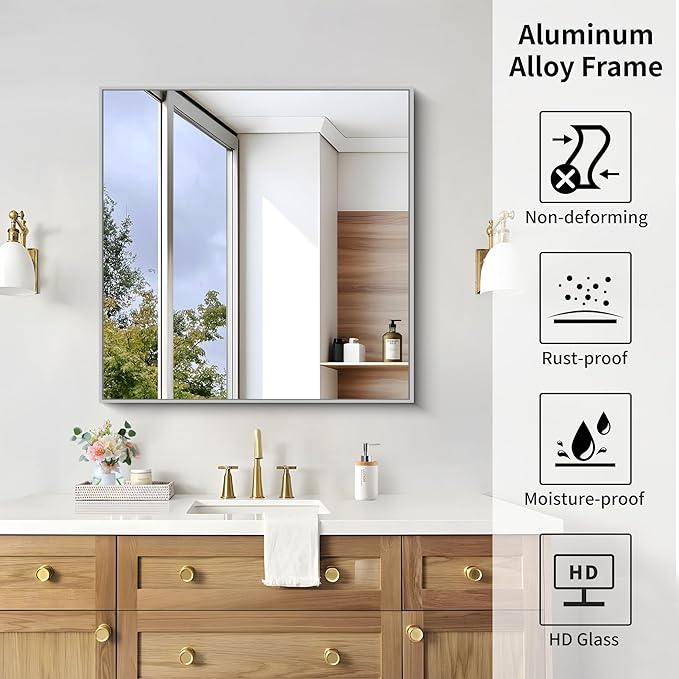 KOCUUY Silver Framed Mirror, 36"x36" Rectangle Bathroom Mirror for Wall, HD Tempered Glass, Anti-Rust Frame, Modern Design for Bathroom, Bedroom, Living Room, Entryway