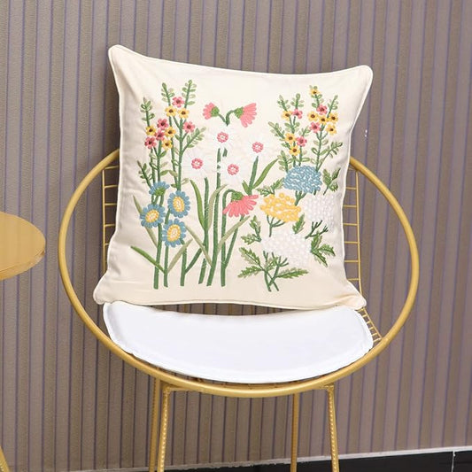 Set of 2 Embroidered Decorative Throw Pillow Covers Couch Square Pillowcases Cushion for Bedroom Sofa Farmhouse Decor 18x18 Inch (Daisy)