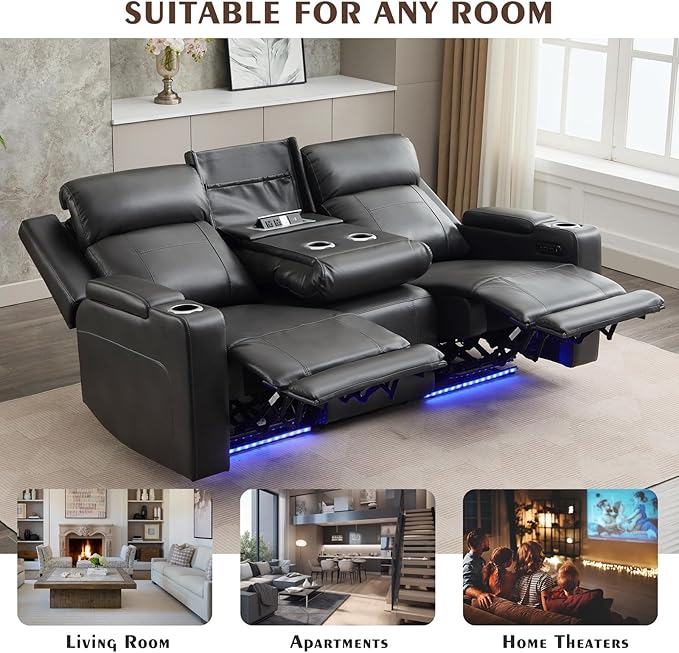 Power Reclining Sofa with Adjustable Headrest/LED Light, Electric Reclining Couch with Dual Ports, Storage, Outlet, Power Loveseat Recliner Sofa for Living Room,Apartment (Dark Grey, 3 Seater)