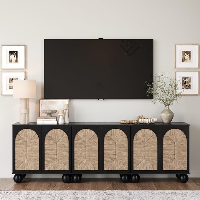 Nathan James Leah Boho TV Stand or Sideboard Cabinet for Kitchen or Living Room with Ball-Style Feet, Natural Seagrass Door Fronts and Solid Wood Legs, Black Set of 3
