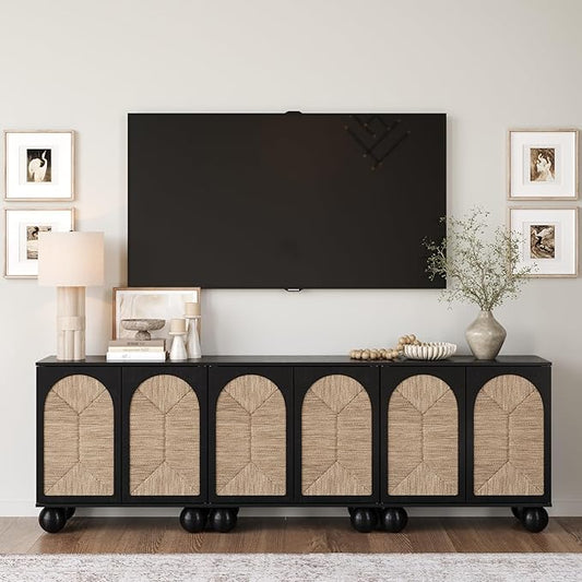 Nathan James Leah Boho TV Stand or Sideboard Cabinet for Kitchen or Living Room with Ball-Style Feet, Natural Seagrass Door Fronts and Solid Wood Legs, Black Set of 3