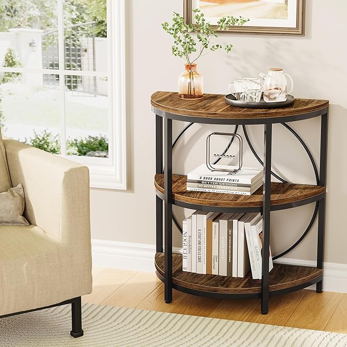 LITTLE TREE Half Round End Table, 3-Tier Narrow Side Table with Metal Frame, Half Circle Table, Half Moon Small Coffee Accent Table Bedside Table for Living Room, Bedroom
