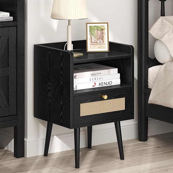 Night Stand Set 2, Nightstands Set of 2 with Charging Station, Rattan Side Tables with Solid Wood Legs, Boho Bedside End Table for Farmhouse Bedroom Dorm Small Space - Black
