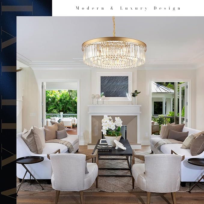 Gold Crystal Chandeliers 30" Modern Round Chandelier 12-Lights 3-Tier Crystal Ceiling Chandelier Light Fixture Brass Luxury Crystals Chandeliers for Dining Room High Ceilings Entryway Foyer