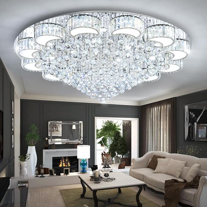 47'' Silver Modern Crystal Chandeliers for Dining Room LED Dimmable Light Fixtures Flush Mount Light Living Room Bedrooms