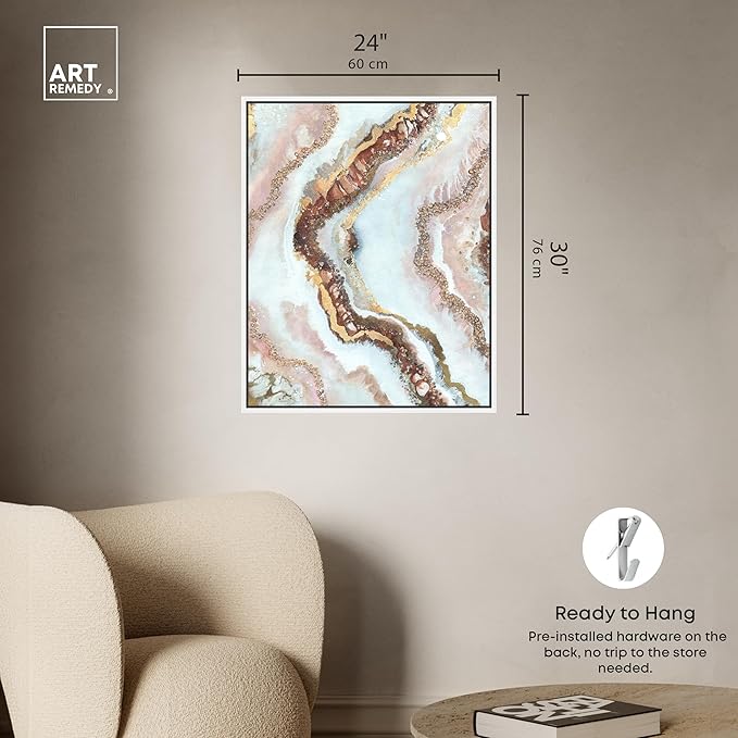 Art Remedy Blush Geode Framed Mineral, Agate & Geode 1 Piece Canvas Wall Art, 25" x 31", White Frame