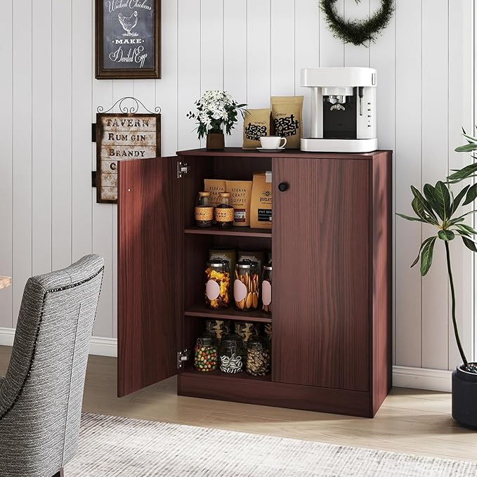Giantex 2 Door Storage Base Cabinet - Freestanding Floor Cabinet with 3-Tier Shelf, Non-Slip Foot Pads, Kitchen Cupboard Storage Organizer for Living Room, Hallway, Entryway, Office (Brown)