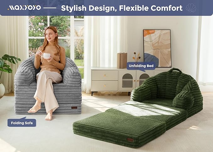 MAXYOYO Folding Sofa Bed, 2 in 1 Convertible Sofa to Lounger Comfy Faux Fur Bean Bag Chair for Adults, Floor Single Sleeper Couch Chair with Handle, Couch Bed for Living Room Bedroom, Grey