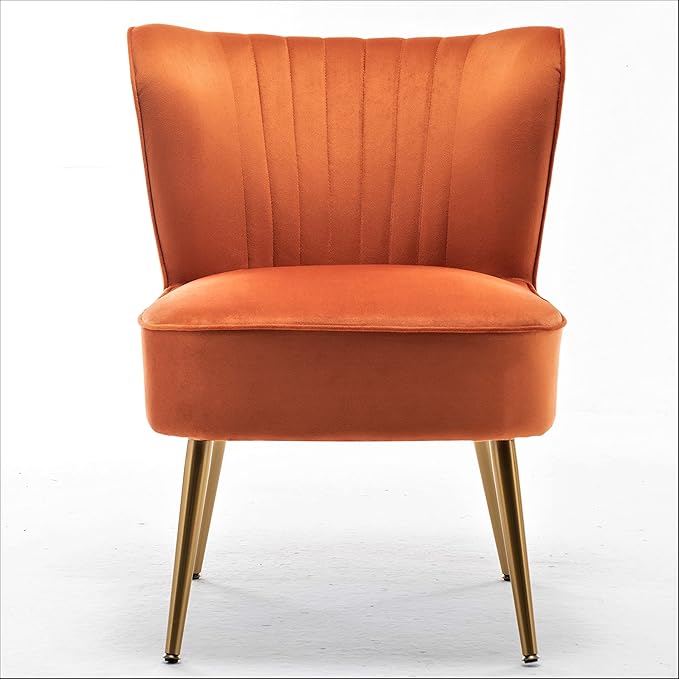 Modern Velvet Accent Chair for Living Room, Bedroom, or Entryway, Stylish and Comfortable Armless Design with Metal Legs, Orange Red