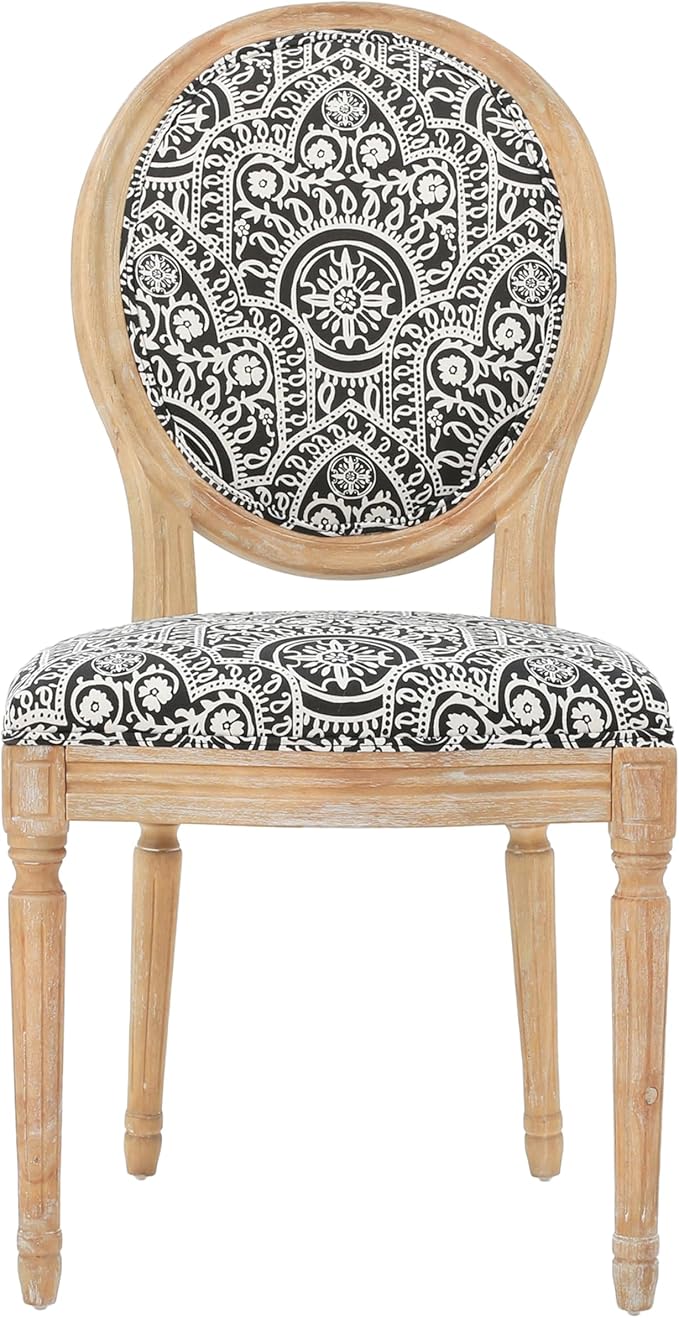 Christopher Knight Home Hulda French Country Fabric Dining Chairs (Set of 4), Black and White Pattern, Natural