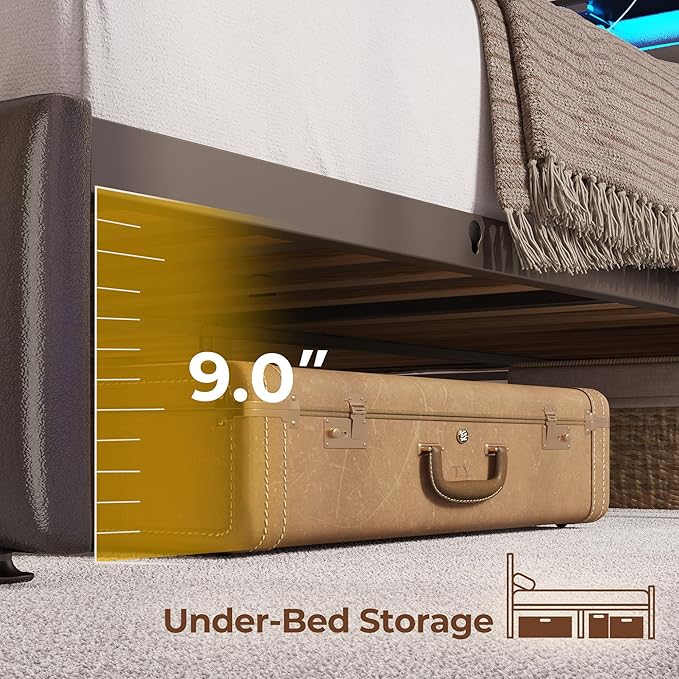 Rolanstar Full Size Bed Frame with LED Lights and Charging Station, Upholstered Headboard with 2-Tier Storage Shelves, Heavy Duty Metal Frame, Noise-Free Support, Easy Assembly, No Box Spring Needed
