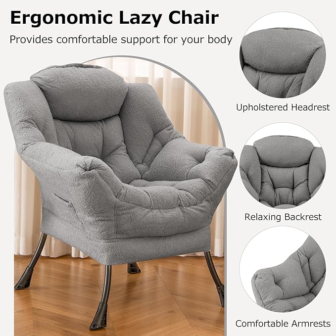 Giantex Lazy Chair, Modern Sherpa Accent Chair w/Steel Frame, Upholstered Single Sofa Chair w/Armrests & Side Pocket, Leisure Reading Lounge Chair for Living Room, Bedroom, Office, Dorm (Gray)