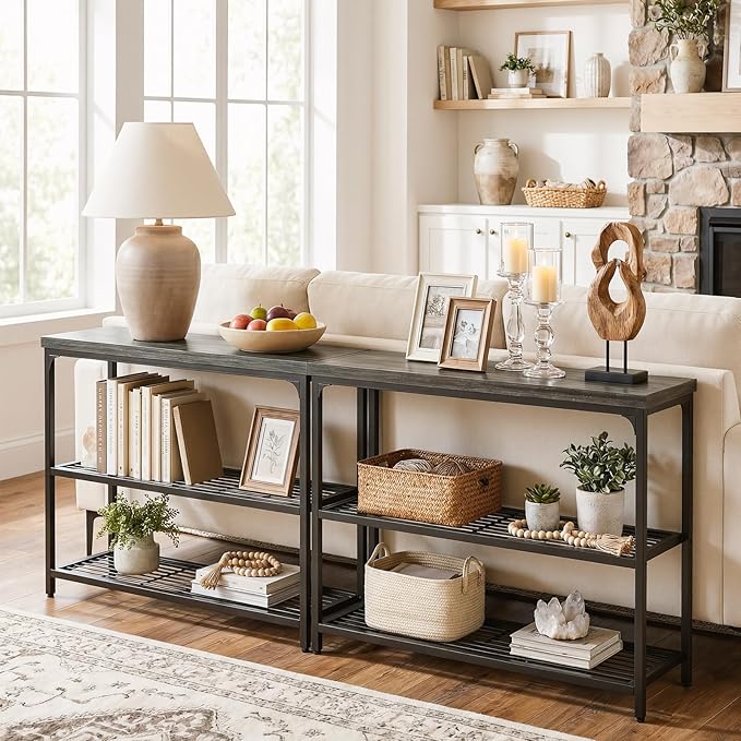 47" Console Table with Storage, 3-Tier Narrow Entryway Table, Sofa Table with Mesh Shelves, Console Tables for Living Room, Bedroom, Hallway, Entryway, Foyer, Oak Grey