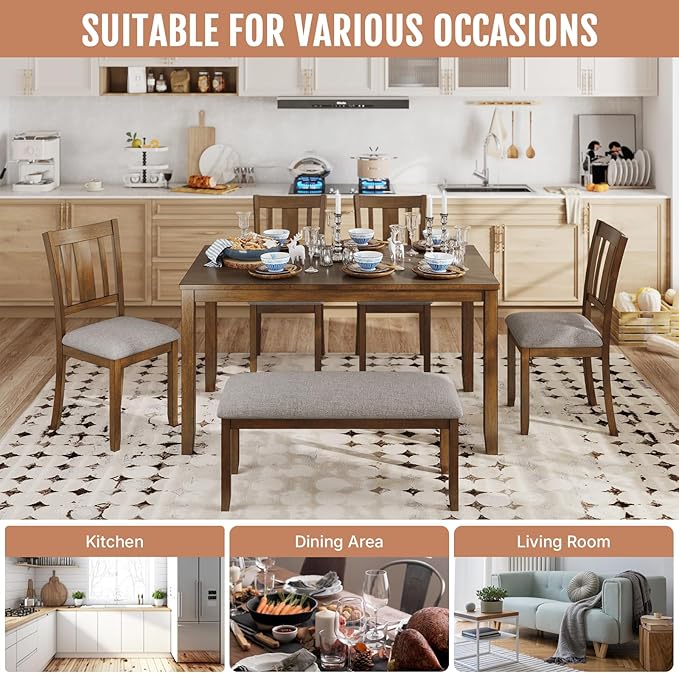 6-Piece Wooden Dining Set - Table & Chairs for 6, Includes Table, 4 Upholstered Chairs & 1 Bench, Walnut