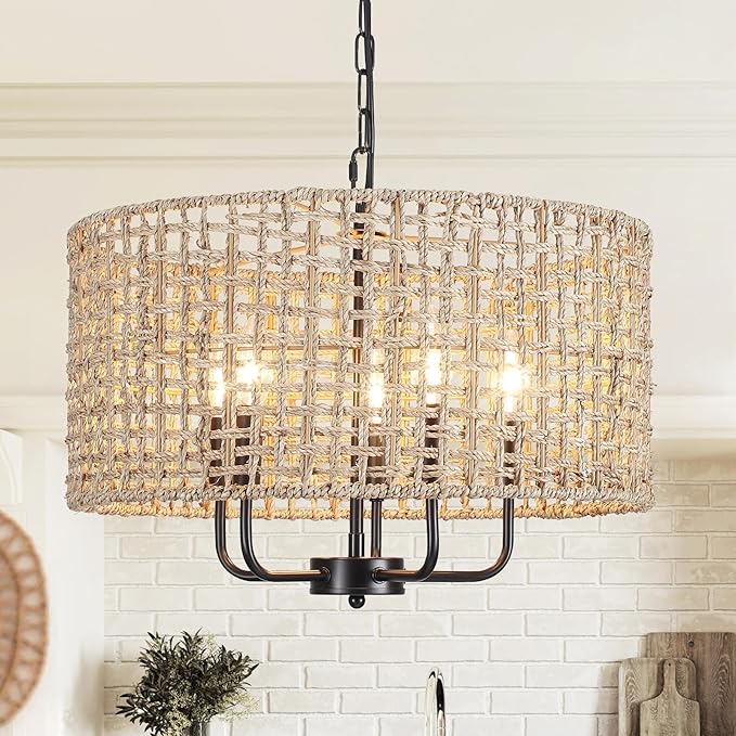 18.9" Hand-Woven Rattan Chandelier 5 Lights Farmhouse Boho Chandeliers for Dining Room Light Fixture Drum Wicker Hanging Pendant Lighting for Living Room Kitchen Island Foyer Hallway, E12