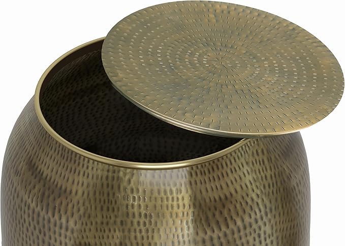 SIMPLIHOME Griffen Metal Storage Accent Table - 19 inch Wide Solid Metal Round Drum Side Table in Antique Gold, Contemporary End Table for Living Room with Hidden Storage Space, Assembled