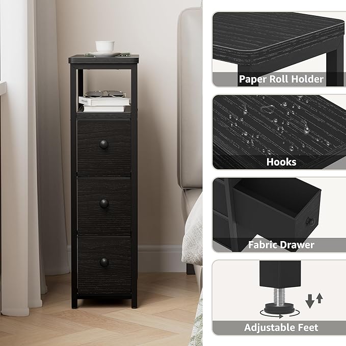 Narrow Night Stand Nightstand - Skinny Bedsides Table with 3 Drawers for Small Space Dresser for Bedroom Living Room Slim Side Table, Black