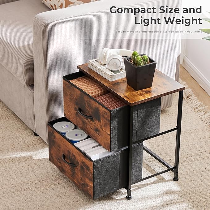 NEWBULIG Nightstand with 2 Fabric Drawers, 25 Inch Tall Small Dresser, Bedside Table with Storage for Bedroom, Closet, Entryway, Dorm, 2 Pack with Sturdy Frame and Compact Design, Rustic Brown02