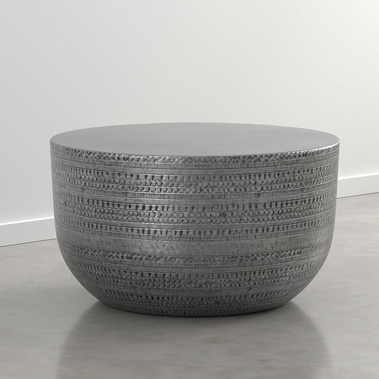 SIMPLIHOME Johnsen Metal Coffee Table - 30 inch Wide Solid Metal Round Drum Accent Table in Distressed Nickel, Boho Coffee Table for Living Room with Decorative Textured Design, Assembled