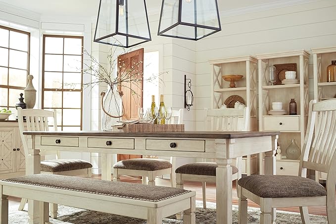 Signature Design by Ashley Bolanburg Farmhouse Rectangular Dining Table, 3 Drawers On Each Side, Seats 6, Wood, 71.88" W x 39.88" D x 31.13" H, Whitewash