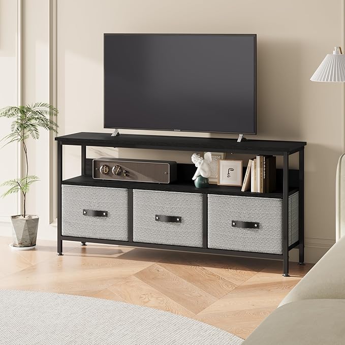 GAOMON 55 Inch TV Stand for Living Room, TV Stand with 3 Drawers, Compact Entertainment Center with Storage Solutions, TV Console Table for Bedroom, Black Finish with Grey Drawers