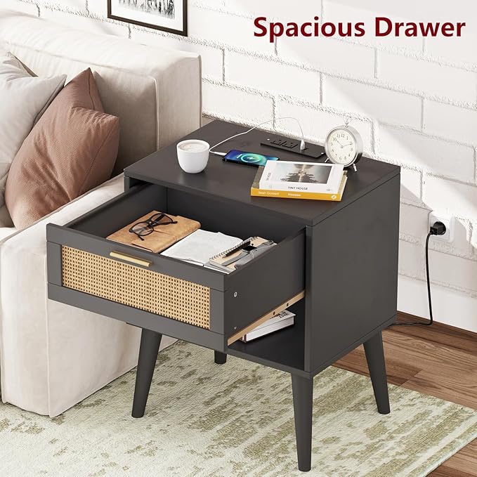 Irontar 17.7'' Wide Rattan Nightstand Set of 2, Bedroom Night Stand with Charging Station & Drawers, Boho Bed Side Table with Solid Legs, Accent End Side Table with Open Shlef, Black and Natural
