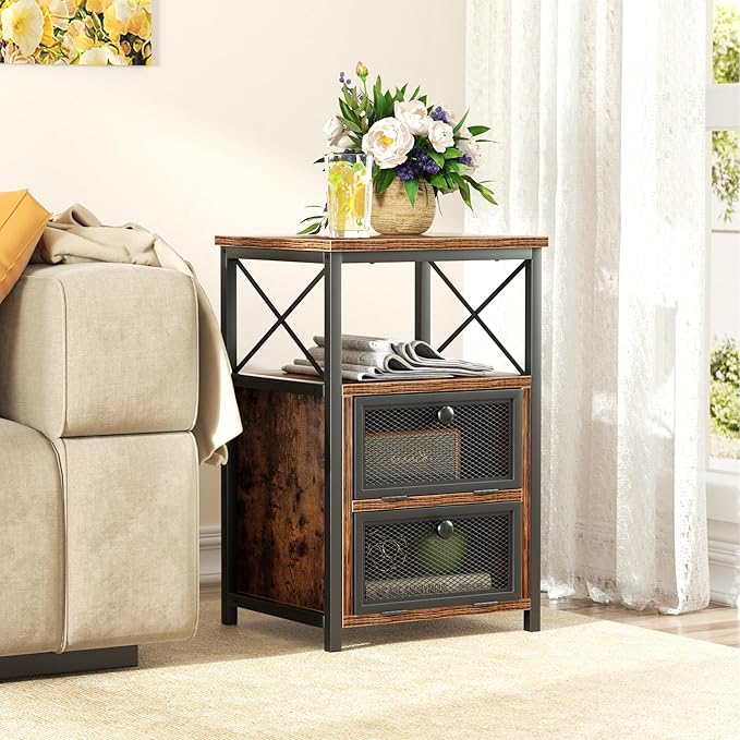VECELO End Side Table, Modern Night Stand with Storage Space and Door, Set of 2 Nightstands with Flip Drawers for Living Room,Bedroom,Lounge, Rustic Brown