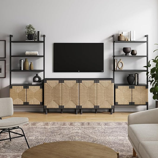 Nathan James Beacon Bohemian TV Stand, TV Wall Unit with Shelves and Accent Storage Cabinet with Solid Wood Legs and Seagrass Door Fronts, Black