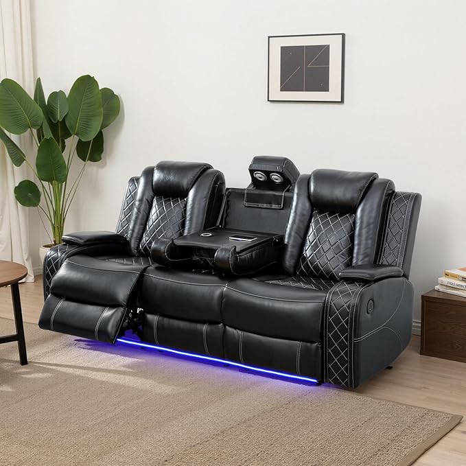 Power Recliner Sofa Set for Living Room, Leather Reclining Sofa Sets with Storage Console, Living Room Furniture Sets with LED Lights(Sofa,Black)