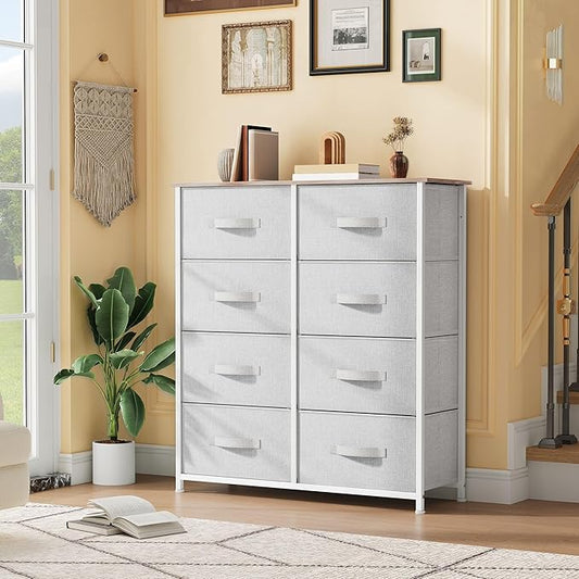 DWVO Fabric Dresser for Bedroom, Tall Dresser with 8 Drawers, Storage Tower with Fabric Bins, Chest of Drawers for Closet & Living Room - Sturdy Steel Frame, Wooden Top
