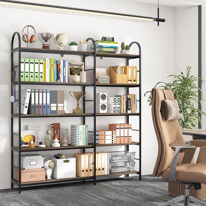 5 Tier Wooden Corner Bookshelves, 67 Inch Dark Brown Vintage Geometric Bookcase, DIY Bookcase Industrial Open Bookshelf, Heavy Duty Display Shelves Organizer for Living Room,Home Office.