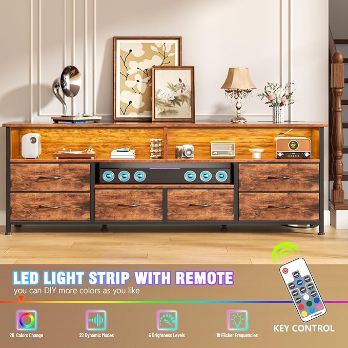 Furologee TV Stand for Bedroom, 63 Inch Entertainment Center for 65 70 Inch TVs, 6 Drawers Dresser with Power Outlets and LED Lights, Media Console for Living Room, Rustic Brown
