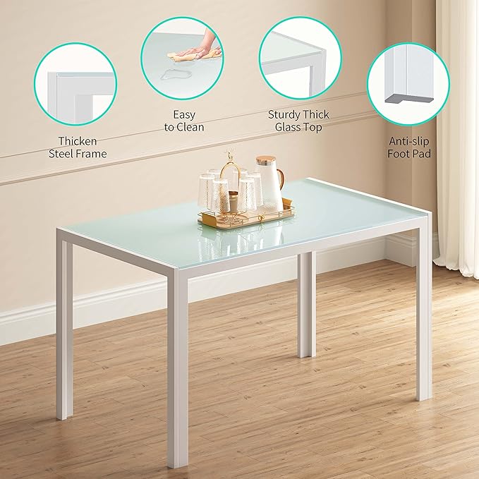 Gizoon 5 Piece Glass Dining Table Set, Kitchen and Chairs for 4, PU Leather Modern Room Sets for Home, Kitchen, Living Room