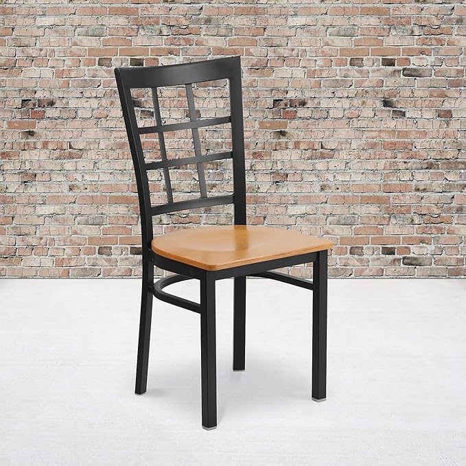 Flash Furniture 2 Pack HERCULES Series Black Window Back Metal Restaurant Chair - Natural Wood Seat