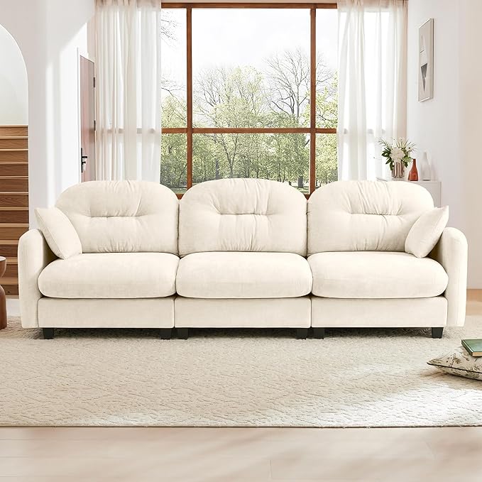 KEIKI 107" Oversized Chenille Modular Sectional Sofa with High-Density Foam Cushion and Tufted Pleated Cushion Backrest, Upholstered Modern 3-Seater Cloud Couch with 2 Pillow, for Living Room, Beige
