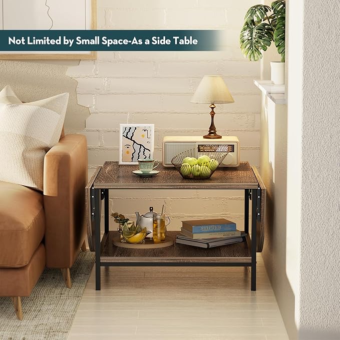 SAYGOER Folding Coffee Table for Living Room, Small Coffee Tables with 2-Tier Storage, Mid Century Modern Center Table for Small Space, Oval Farmhouse Table Square, Dark Brown