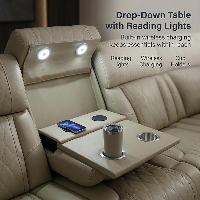 Power Reclining Sectional Sofa, Beige Breathing Leather Recliner Couch with LED Light, Cup Holders, Storage Console, Wireless Charging, USB & Type-C for Living Room Home Theater