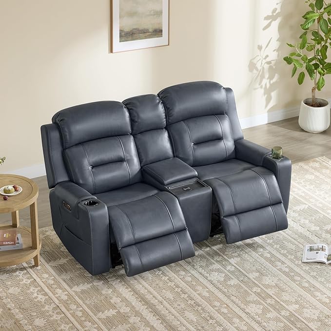 Watson & Whitely Genuine Leather Power Loveseat and Recliner Sofa Set, Lay Flat Reclining Couch with Console, Power Headrest, USB & Wireless Charging, Cup Holders for Living Room, Navy Blue