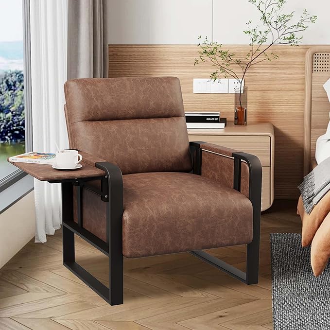 Accent Chair with Foldable Side Table PU Leather Upholstered Armchair for Bedroom Modern Living Room Chairs Office Chair Dark Brown