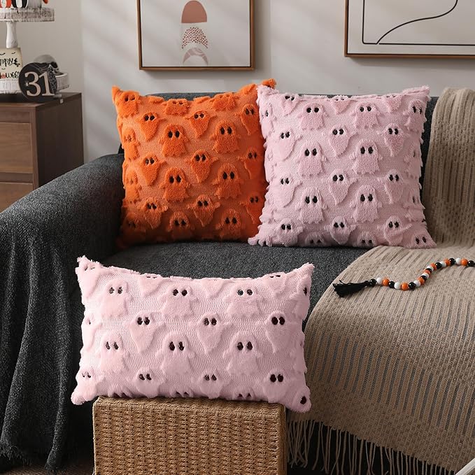 DFXSZ Halloween Pillow Covers 12x20 inch Set of 2 Pink Ghost Throw Pillow Cases Soft Plush Faux Fur Wool Couch Cushion Case for Chair Sofa Bedroom Living Room Home Decor PTK03B12