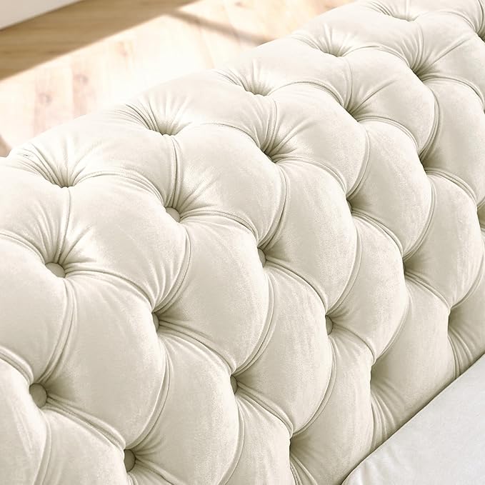 KEIKI 106" L-Shaped Luxury Velvet Chesterfield Sectional Sofa with Gold Stainless Steel Accents and 5 Pillows, Mid-Century Oversized 5-Seater Button Tufted Couch, Easy Assembly, for Living Room, Beige