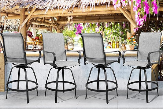Shintenchi 4 Piece Patio Swivel Bar Chairs, All Weather Textile Outdoor Metal Bar Stools Patio Chairs Set of 4 with High Back, High Top Bistro Set Furniture for Balcony,Backyard,Garden,Deck,Light Grey