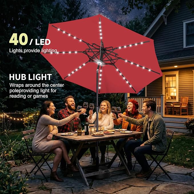 9ft Solar Umbrella Outdoor - 2 Tiers Lighted Solar Patio Umbrella with 40 LED Lights Waterprool UV Protection, Table Umbrella with Tilt for Pool, Porch, Garden, Backyard (Red)