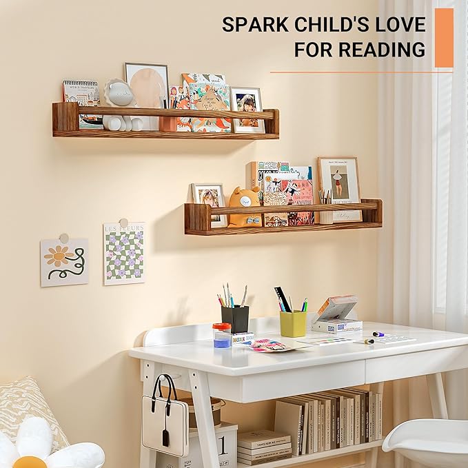 Heimlove Nursery Floating Shelves, Solid Wood Nursery Book Shelves for Wall, 32 inch Bookshelf for Kids, Mounted Shelves for Books,Toys and Decor Storage, Set of 3