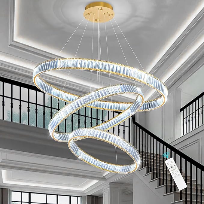 24''+32''+40'' Modern Ring Chandelier Crystal Chandeliers for Dining Room Round LED Dimmable Ceiling Light Fixture for Living Room Bedroom Lighting Gold