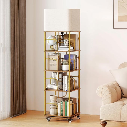 4 Tier Rotating Bookshelf with LED Light 360° Swivel Bookcase with Wheels Space-Saving Tall Corner Shelf Square Floor Standing Shelf Metal and Wood Bookshelves for Bedroom Living Room Office
