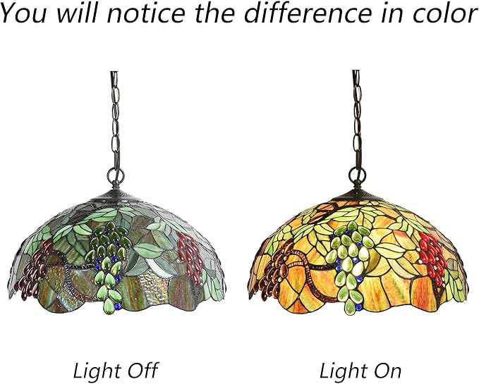 Bieye L10762 Grape Tiffany Style Stained Glass Ceiling Pendant Light with 18 inches Wide Shade, 3-Light, Hard-Wired