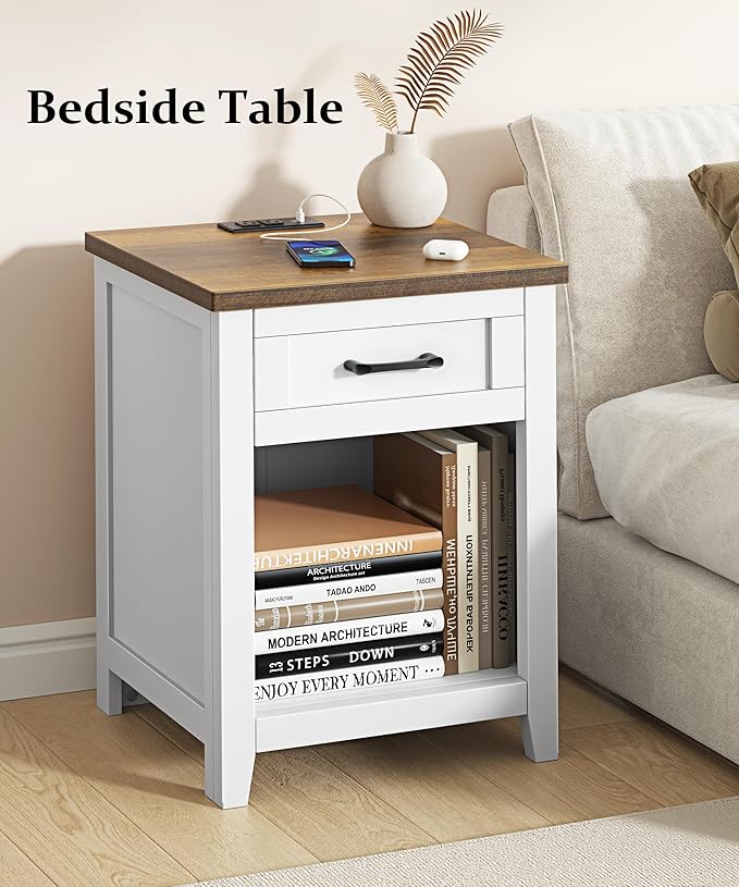 Farmhouse Nightstand with Charging Station & Large Storage, Set of 2 Modern End Tables with Outlets, USB Ports and Type-C Ports, Easy Assembly for Bedroom (Pure White + Walnut)