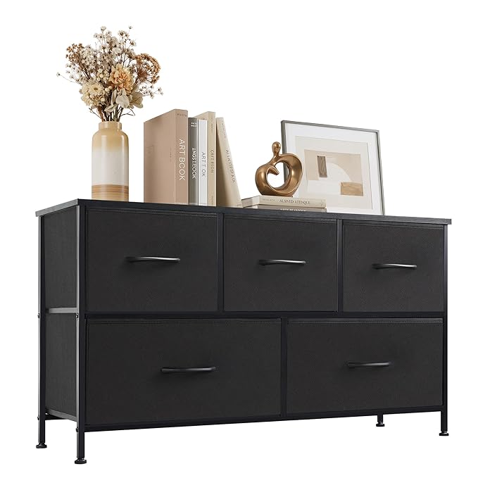 Dresser with 5 Drawers for Bedroom, Fabric Clothes Cabinet for Closet, Anti-Tip TV Stand for 45" TV, Storage Dresser with Metal Frame for Living Room, Entryway, Dorm, Black