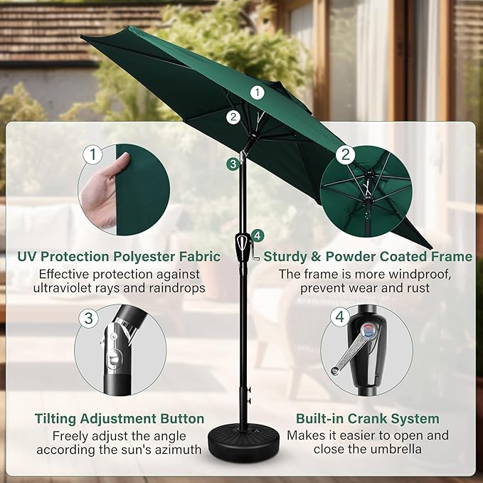 Simple Deluxe 2Pack 7.5ft Patio Umbrella Outdoor Table Market Yard Umbrella with Push Button Tilt/Crank, 6 Sturdy Ribs for Garden, Deck, Backyard, Pool, Green